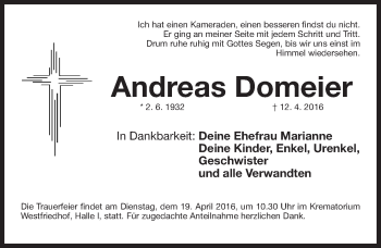 Traueranzeige von Andreas Domeier von Gesamtausgabe Nürnberger Nachrichten/ Nürnberger Ztg.