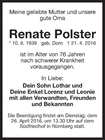 Traueranzeige von Renate Polster von Gesamtausgabe Nürnberger Nachrichten/ Nürnberger Ztg.