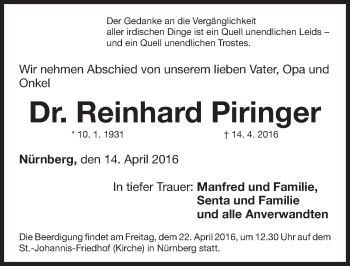 Traueranzeige von Reinhard Piringer von Gesamtausgabe Nürnberger Nachrichten/ Nürnberger Ztg.