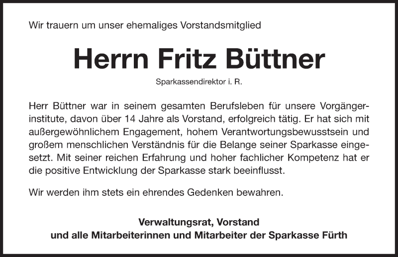  Traueranzeige für Fritz Büttner vom 12.04.2016 aus Fürther Nachrichten Lokal
