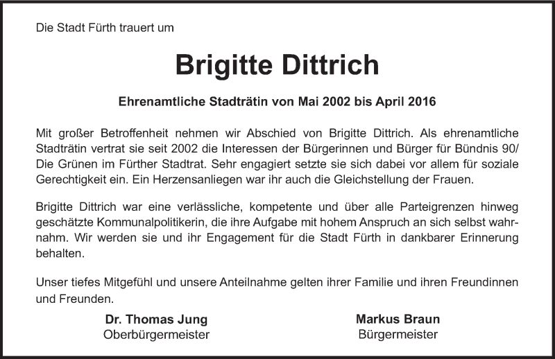  Traueranzeige für Brigitte Dittrich vom 16.04.2016 aus Fürther Nachrichten Lokal