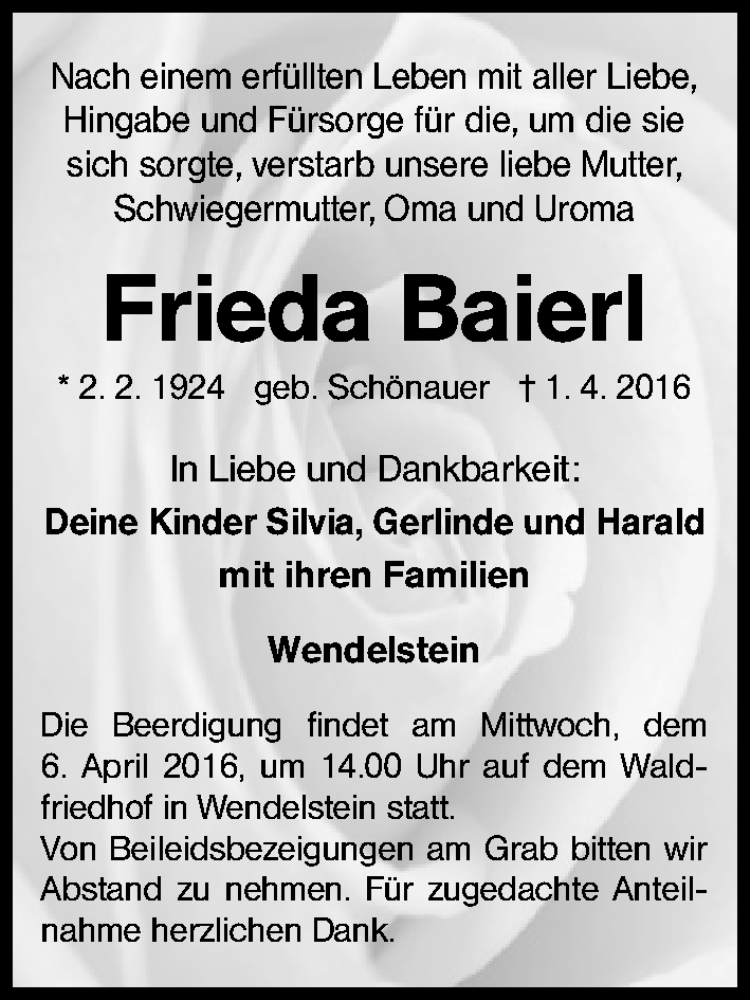  Traueranzeige für Frieda Baierl vom 04.04.2016 aus Schwabacher Tagblatt