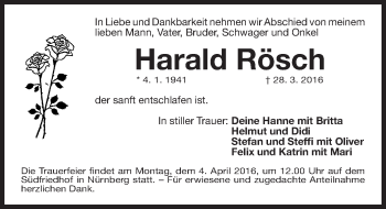 Traueranzeige von Harald Rösch von Gesamtausgabe Nürnberger Nachrichten/ Nürnberger Ztg.