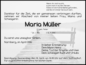 Traueranzeige von Maria Müller von Gesamtausgabe Nürnberger Nachrichten/ Nürnberger Ztg.
