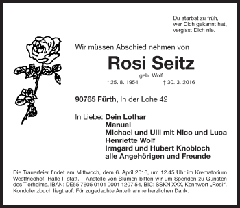 Traueranzeige von Rosi Seitz von Gesamtausgabe Nürnberger Nachrichten/ Nürnberger Ztg.