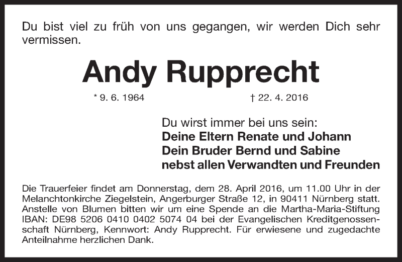  Traueranzeige für Andy Rupprecht vom 25.04.2016 aus Gesamtausgabe Nürnberger Nachrichten/ Nürnberger Ztg.