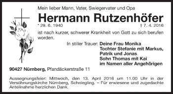 Traueranzeige von Hermann Rutzenhöfer von Gesamtausgabe Nürnberger Nachrichten/ Nürnberger Ztg.