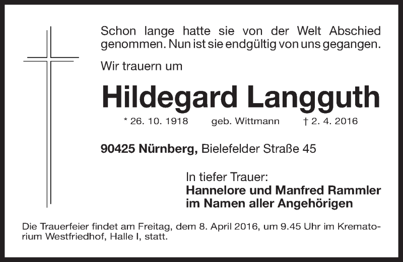  Traueranzeige für Hildegard Langguth vom 06.04.2016 aus Gesamtausgabe Nürnberger Nachrichten/ Nürnberger Ztg.