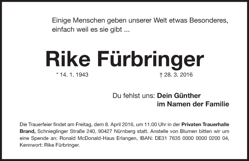  Traueranzeige für Rike Fürbringer vom 02.04.2016 aus Gesamtausgabe Nürnberger Nachrichten/ Nürnberger Ztg.