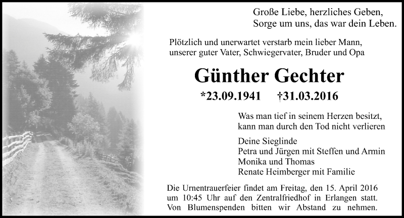  Traueranzeige für Günther Gechter vom 13.04.2016 aus Erlanger Nachrichten Lokal
