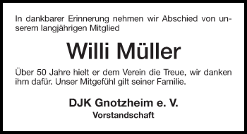 Traueranzeige von Willi Müller von Altmühl-Bote Lokal