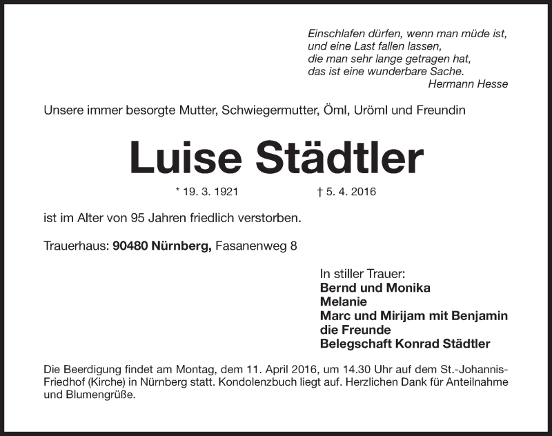  Traueranzeige für Luise Städtler vom 08.04.2016 aus Gesamtausgabe Nürnberger Nachrichten/ Nürnberger Ztg.