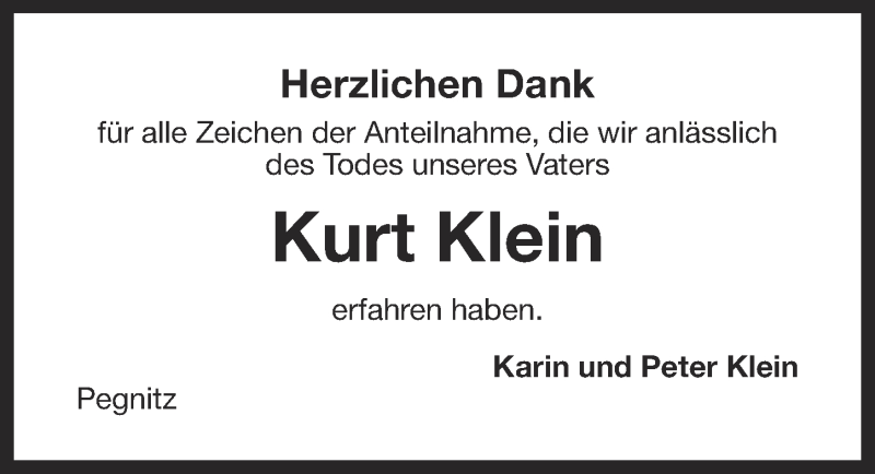  Traueranzeige für Kurt Klein vom 20.04.2016 aus Nordbayerische Nachrichten Pegnitz Lokal