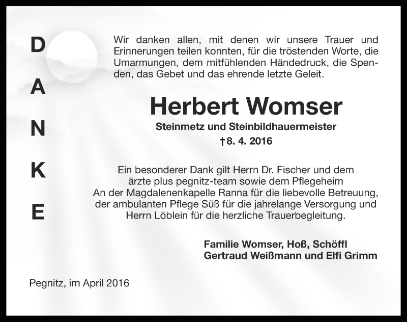  Traueranzeige für Herbert Womser vom 30.04.2016 aus Nordbayer. Nachrichten Pegnitz/ Nordbayer. Nachrichten Forchheim