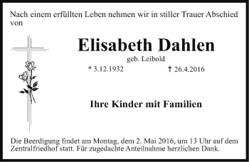 Traueranzeige von Elisabeth Dahlen von Erlanger Nachrichten Lokal