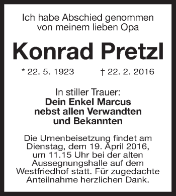 Traueranzeige von Konrad Pretzl von Gesamtausgabe Nürnberger Nachrichten/ Nürnberger Ztg.