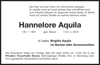 Traueranzeige von Hannelore Aquila von Gesamtausgabe Nürnberger Nachrichten/ Nürnberger Ztg.