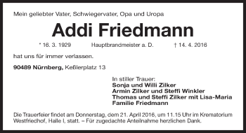 Traueranzeige von Addi Friedmann von Gesamtausgabe Nürnberger Nachrichten/ Nürnberger Ztg.