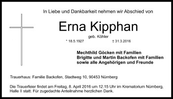 Traueranzeige von Erna Kipphan von Gesamtausgabe Nürnberger Nachrichten/ Nürnberger Ztg.