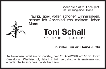Traueranzeige von Toni Schall von Gesamtausgabe Nürnberger Nachrichten/ Nürnberger Ztg.