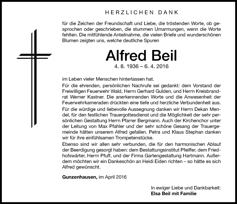  Traueranzeige für Alfred Beil vom 16.04.2016 aus Altmühl-Bote Lokal