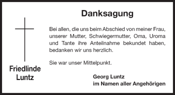 Traueranzeige von Friedlinde Luntz von Gesamtausgabe Nürnberger Nachrichten/ Nürnberger Ztg.