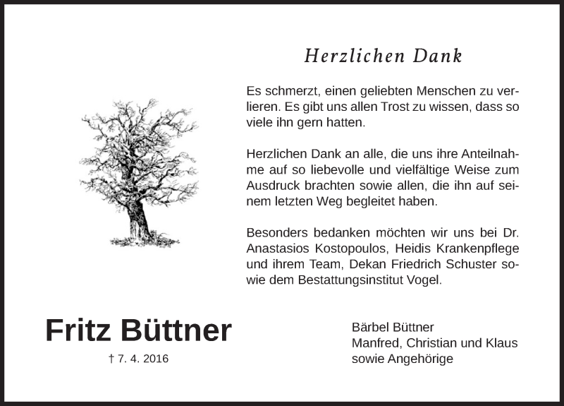  Traueranzeige für Fritz Büttner vom 20.04.2016 aus Fürther Nachrichten Lokal