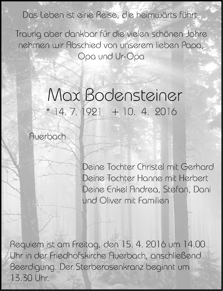  Traueranzeige für Max Bodensteiner vom 12.04.2016 aus Nordbayerische Nachrichten Pegnitz Lokal