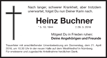 Traueranzeige von Heinz Buchner von Gesamtausgabe Nürnberger Nachrichten/ Nürnberger Ztg.