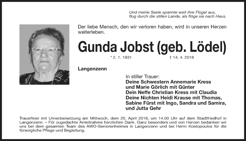  Traueranzeige für Gunda Jobst vom 18.04.2016 aus Fürther Nachrichten Lokal