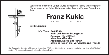 Traueranzeige von Franz Kukla von Gesamtausgabe Nürnberger Nachrichten/ Nürnberger Ztg.