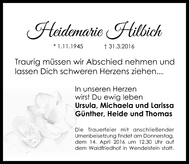  Traueranzeige für Heidemarie Hilbich vom 09.04.2016 aus Roth-Hilpoltsteiner Volkszeitung Lokal
