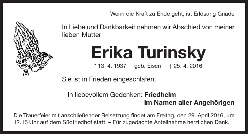  Traueranzeige für Erika Turinsky vom 27.04.2016 aus Gesamtausgabe Nürnberger Nachrichten/ Nürnberger Ztg.