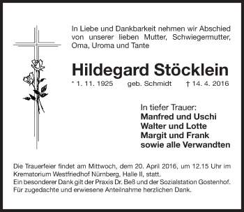 Traueranzeige von Hildegard Stöcklein von Gesamtausgabe Nürnberger Nachrichten/ Nürnberger Ztg.