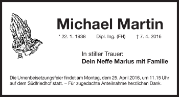 Traueranzeige von Michael Martin von Gesamtausgabe Nürnberger Nachrichten/ Nürnberger Ztg.