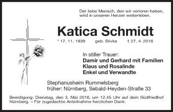 Traueranzeige von Katica Schmidt von Gesamtausgabe Nürnberger Nachrichten/ Nürnberger Ztg.