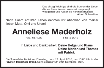 Traueranzeige von Anneliese Maderholz von Gesamtausgabe Nürnberger Nachrichten/ Nürnberger Ztg.