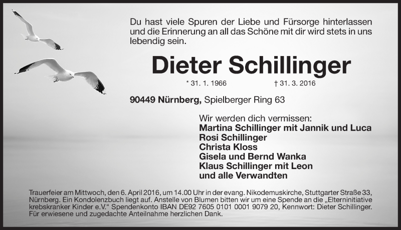  Traueranzeige für Dieter Schillinger vom 02.04.2016 aus Gesamtausgabe Nürnberger Nachrichten/ Nürnberger Ztg.