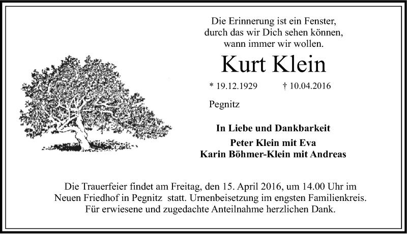  Traueranzeige für Kurt Klein vom 13.04.2016 aus Nordbayerische Nachrichten Pegnitz Lokal