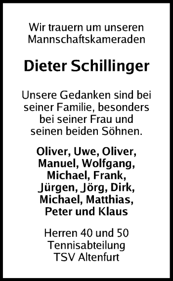 Traueranzeige von Dieter Schillinger von Gesamtausgabe Nürnberger Nachrichten/ Nürnberger Ztg.