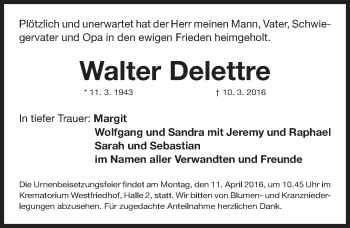 Traueranzeige von Walter Delettre von Gesamtausgabe Nürnberger Nachrichten/ Nürnberger Ztg.
