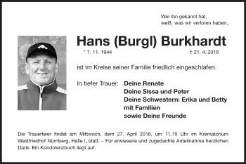 Traueranzeige von Hans Burkhardt von Gesamtausgabe Nürnberger Nachrichten/ Nürnberger Ztg.