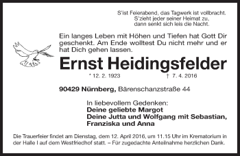Traueranzeige von Ernst Heidingsfelder von Gesamtausgabe Nürnberger Nachrichten/ Nürnberger Ztg.