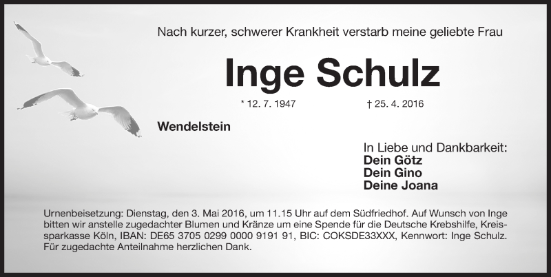  Traueranzeige für Inge Schulz vom 30.04.2016 aus Gesamtausgabe Nürnberger Nachrichten/ Nürnberger Ztg.