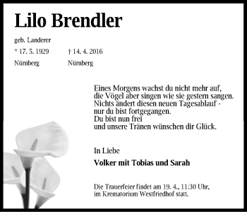 Traueranzeige von Lilo Brendler von Gesamtausgabe Nürnberger Nachrichten/ Nürnberger Ztg.