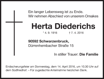 Traueranzeige von Herta Diederichs von Gesamtausgabe Nürnberger Nachrichten/ Nürnberger Ztg.