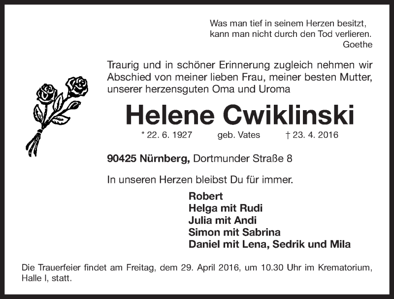  Traueranzeige für Helene Cwiklinski vom 27.04.2016 aus Gesamtausgabe Nürnberger Nachrichten/ Nürnberger Ztg.