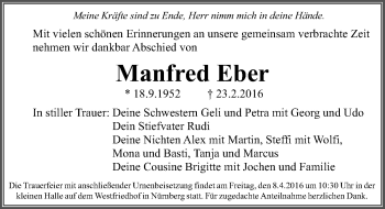 Traueranzeige von Manfred Eber von Gesamtausgabe Nürnberger Nachrichten/ Nürnberger Ztg.