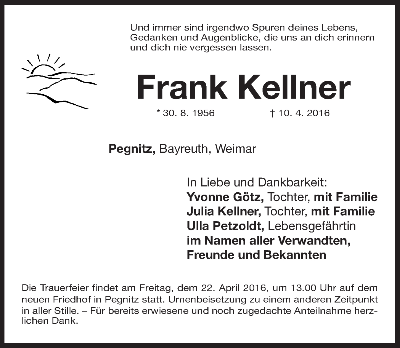  Traueranzeige für Frank Kellner vom 19.04.2016 aus Nordbayerische Nachrichten Pegnitz Lokal