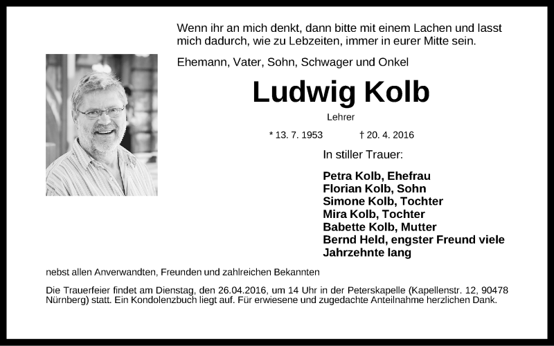  Traueranzeige für Ludwig Kolb vom 23.04.2016 aus Gesamtausgabe Nürnberger Nachrichten/ Nürnberger Ztg.